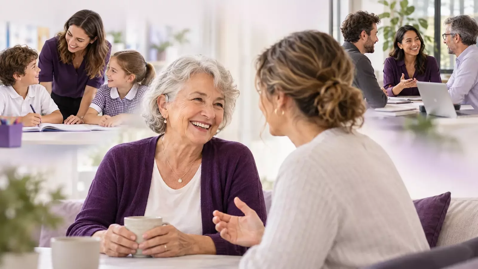 An older woman in conversation, alongside classroom learning and a workplace discussion.